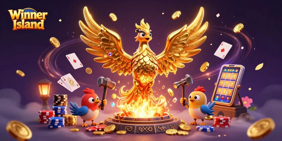 Experience the thrill of Winner Island Casino with golden phoenix and dynamic game elements.