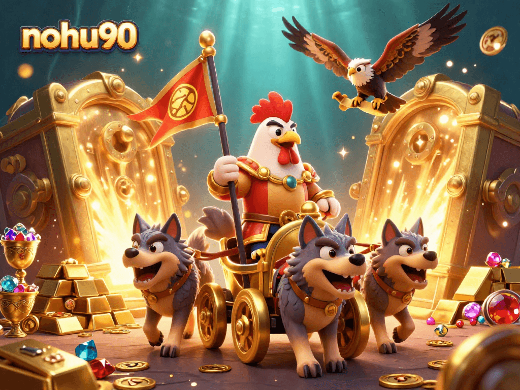 Join the action with nohu90 as the rooster warlord leads the casino fortune hunt amidst treasures.
