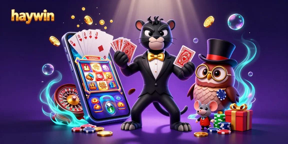 Engage with Haywin's lively casino scene featuring stylish characters, poker chips, and gaming excitement.