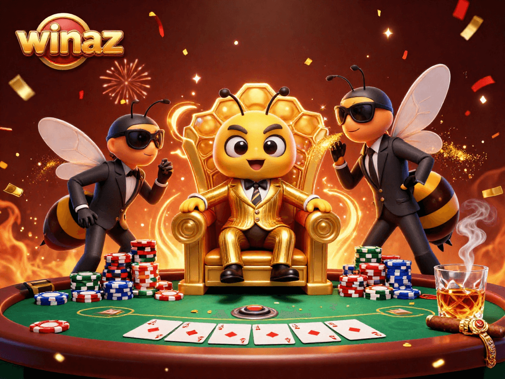 Winaz online poker scene with cartoon characters seated at a vibrant green felt table.