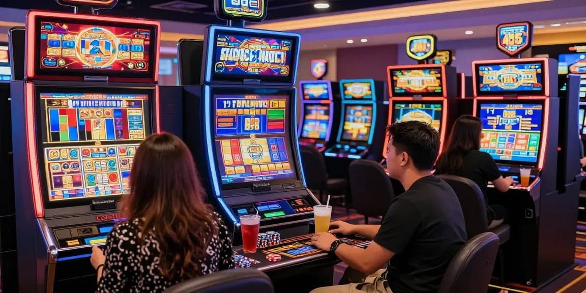 Pengunjung bermain di mesin slot gacor modern di kasino berwarna-warni.