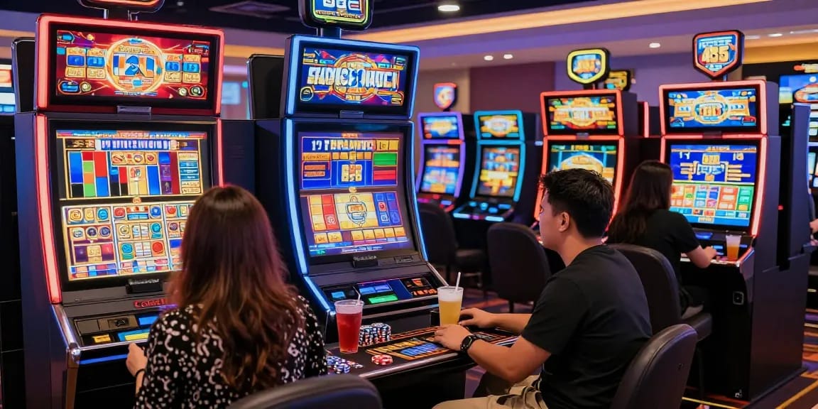 Pengunjung bermain di mesin slot gacor modern di kasino berwarna-warni.