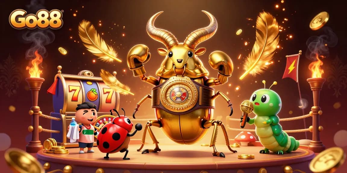 Go88 offers a vibrant casino showdown featuring a golden stag beetle boxing champion amidst slot reels and dynamic betting elements.