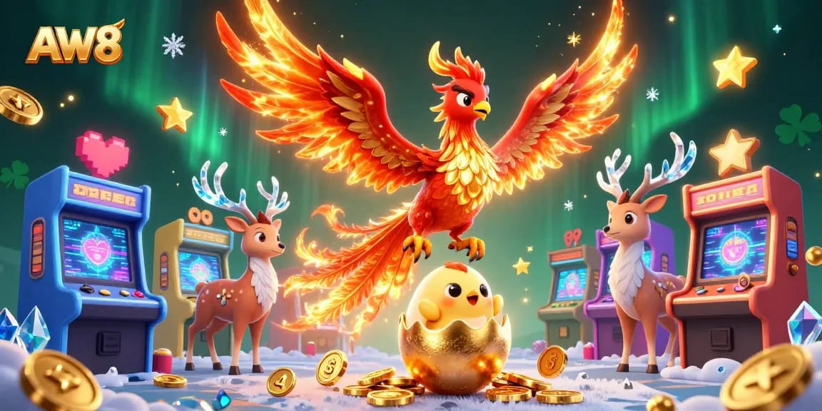 AW8 showcases an enchanting 3D illustration of a phoenix, a baby chick, and a mystic stag in a vibrant casino-themed setting.
