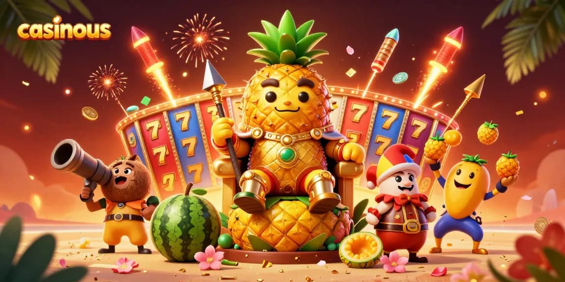 Experience the casino adventure with casinous as the golden pineapple king and friends celebrate high-stakes gaming.