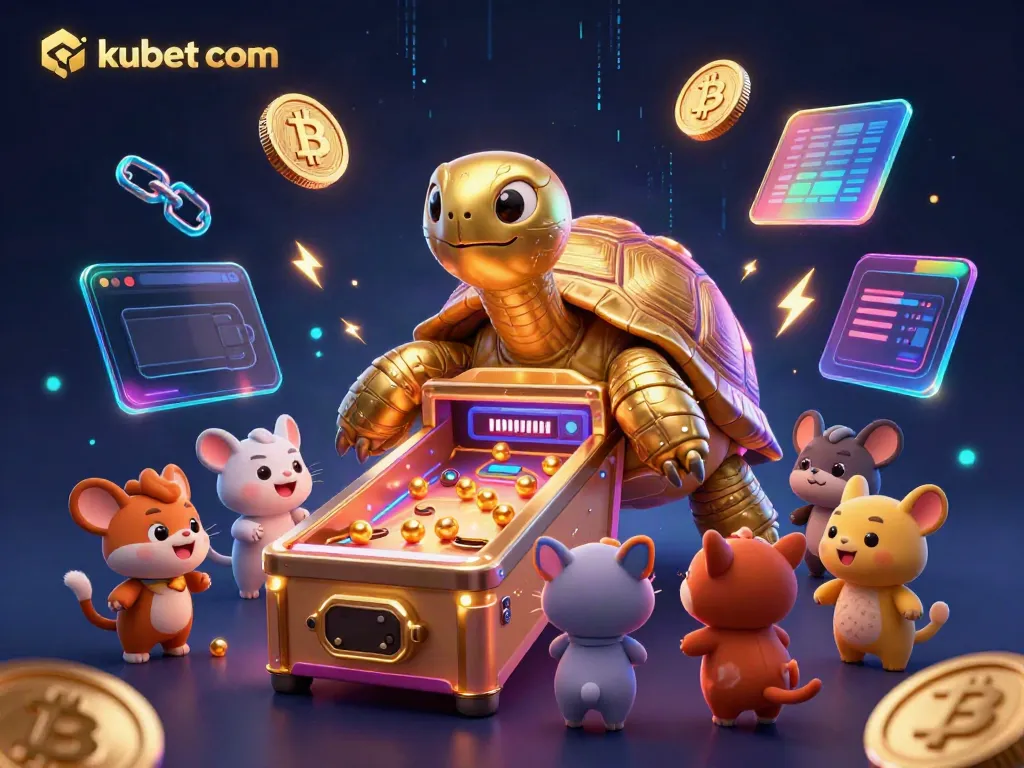 Experience the thrill at kubet com with a golden tortoise pinball machine surrounded by cryptocurrency symbols.