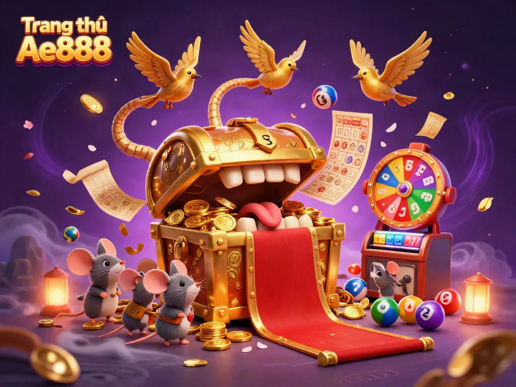 Engage in the exciting world of gambling with the vibrant scene of Trang chủ Ae888 showcasing treasure and dynamic gaming elements.