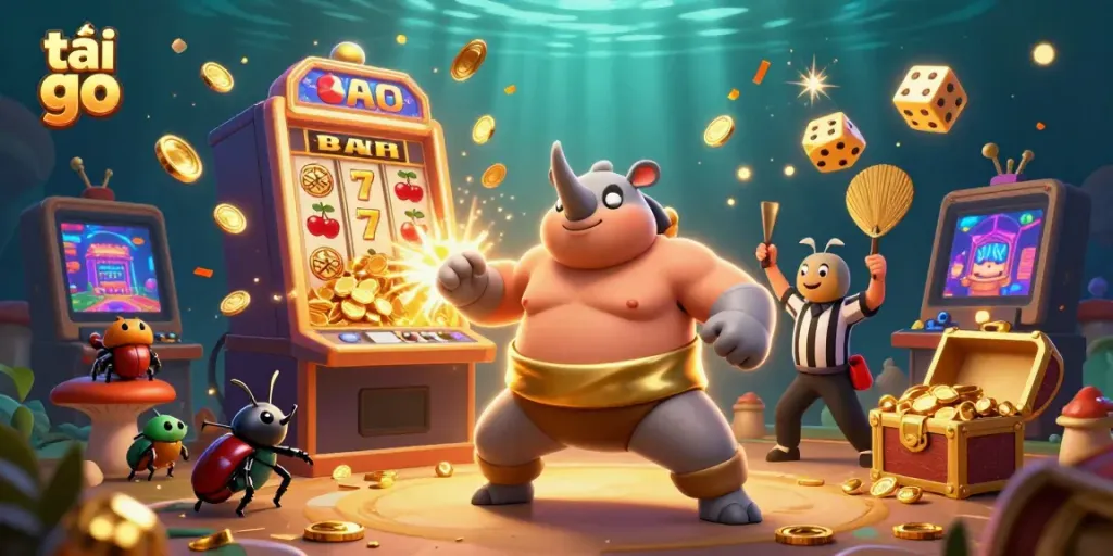 Experience excitement with tải go 88 as a rhinoceros beetle sumo champion commands the scene, surrounded by bursting jackpots.