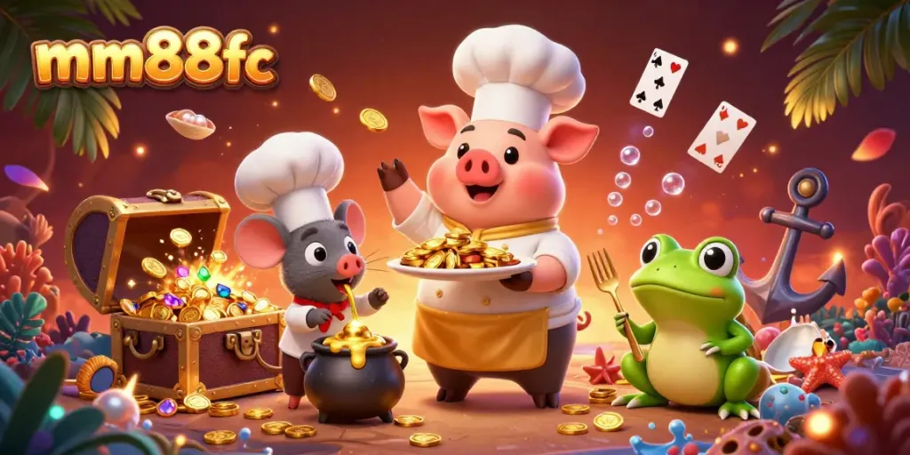Engage in thrilling games with mm88fc's vibrant casino atmosphere featuring charming characters and treasures.