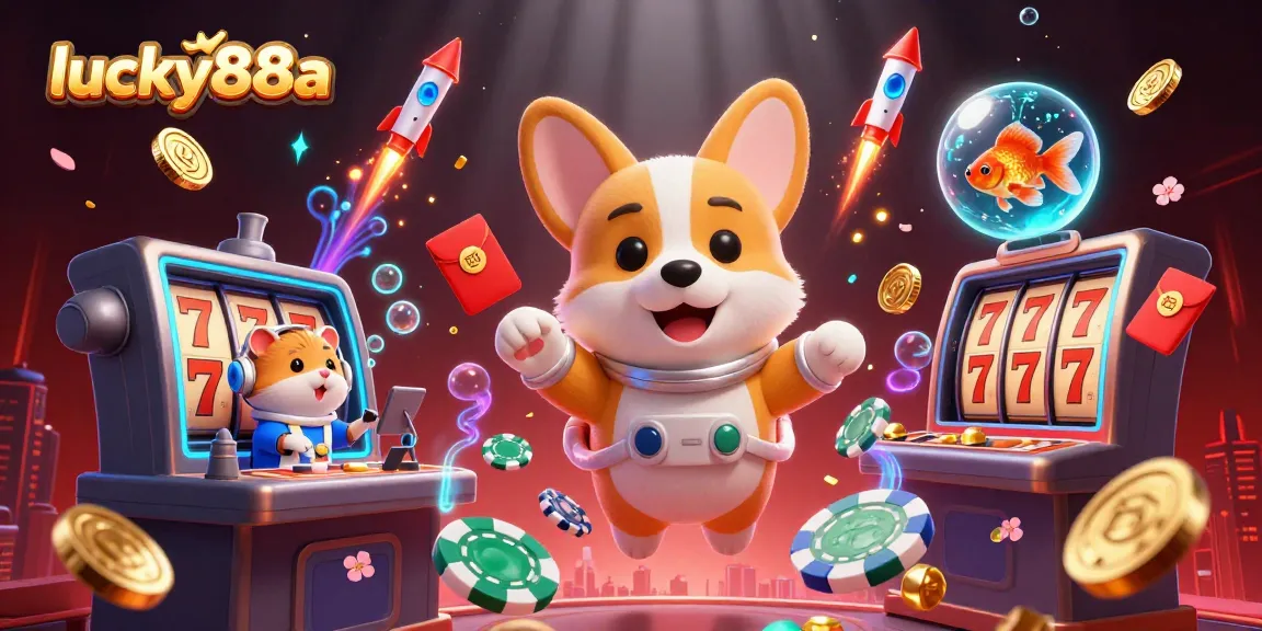 Engage with lucky88a in this vibrant 3D casino scene featuring floating characters and dynamic game elements.