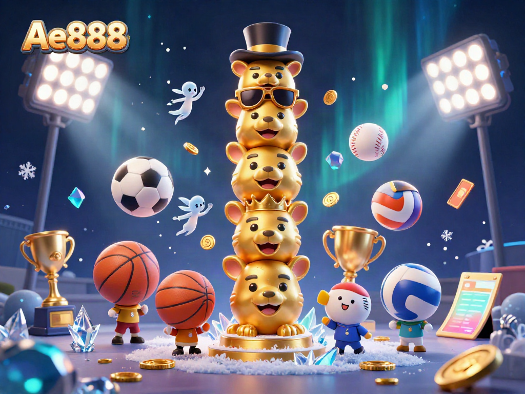 Ae888 gaming illustration featuring a vibrant cartoon totem pole and dynamic sports elements.