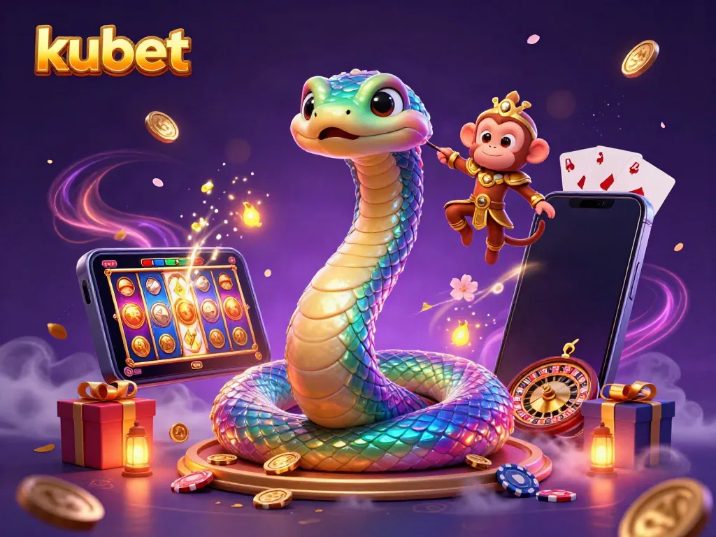 Kubet's vibrant gaming scene showcases a rainbow serpent, monkey king, and dynamic casino elements.