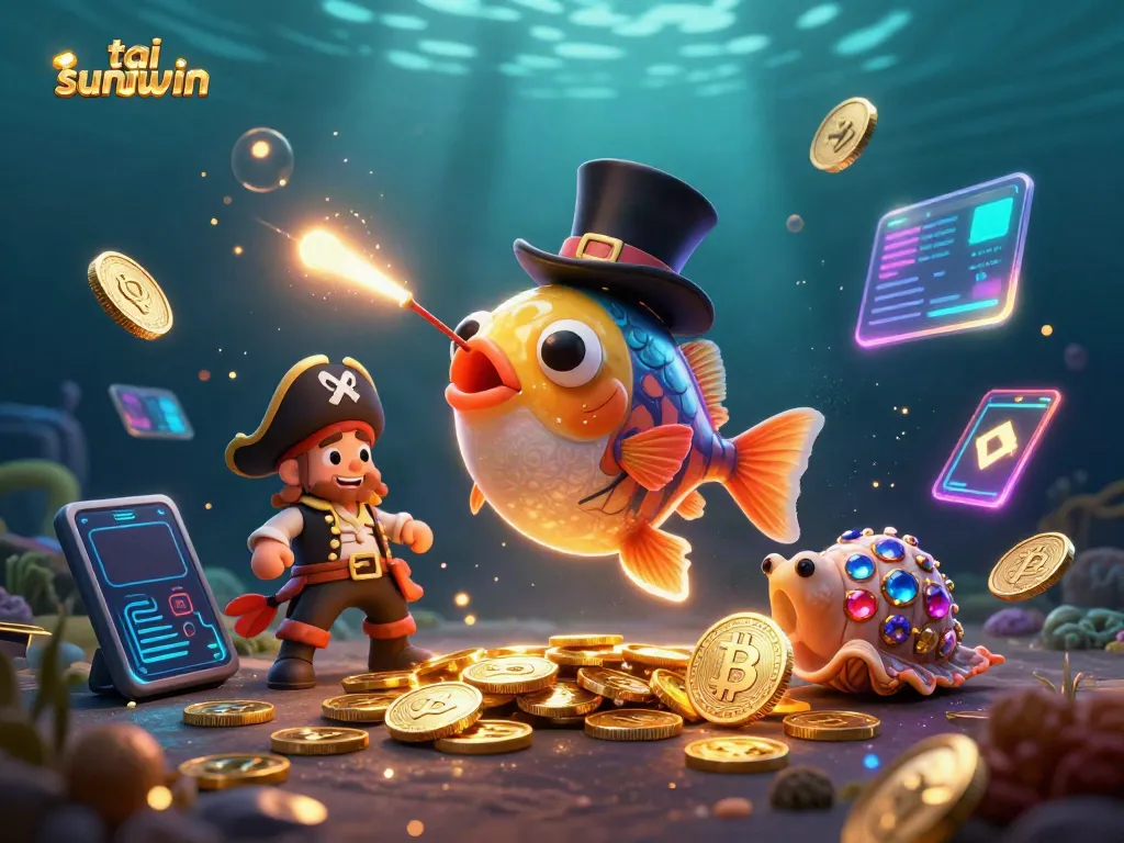 Join the adventure with tai sunwin as the anglerfish attracts glowing coins in this vibrant underwater casino scene.