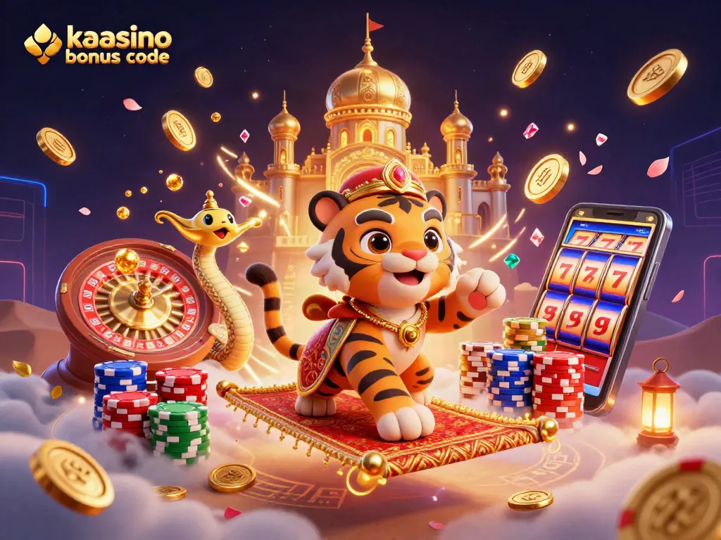 Spin to win with the kaasino bonus code in this vibrant 3D casino-themed illustration.