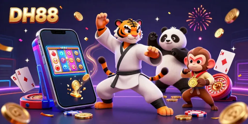 Experience the thrill with DH88 as a kung fu tiger, panda, and monkey celebrate a slot game.