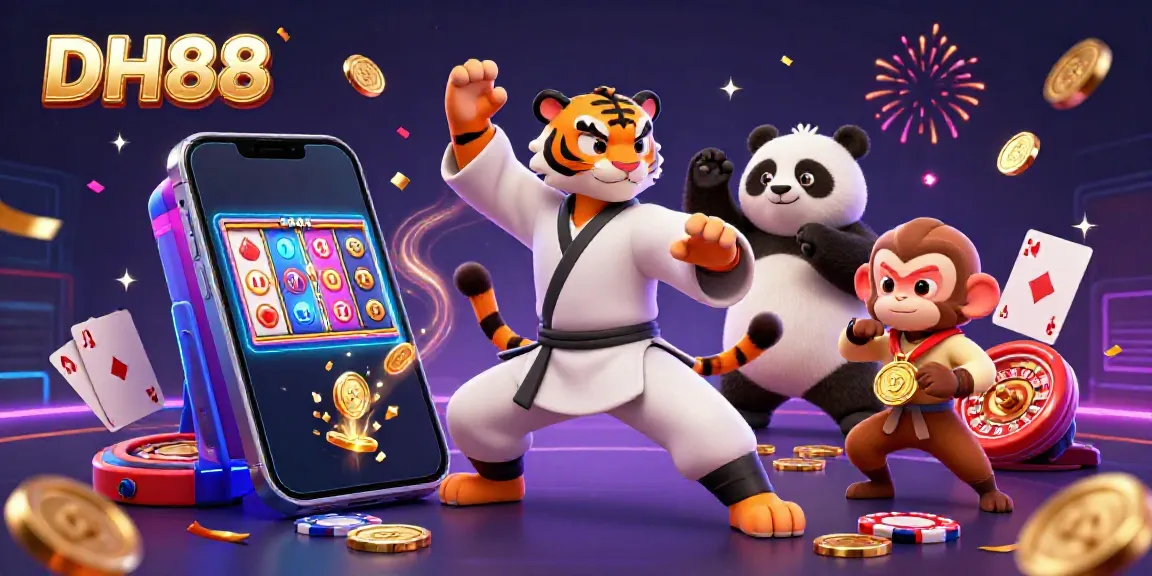 Experience the thrill with DH88 as a kung fu tiger, panda, and monkey celebrate a slot game.