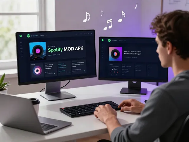 Young professional exploring the new Spotify mod apk on dual monitors in a vibrant workspace.
