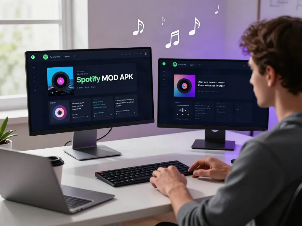 Young professional exploring the new Spotify mod apk on dual monitors in a vibrant workspace.