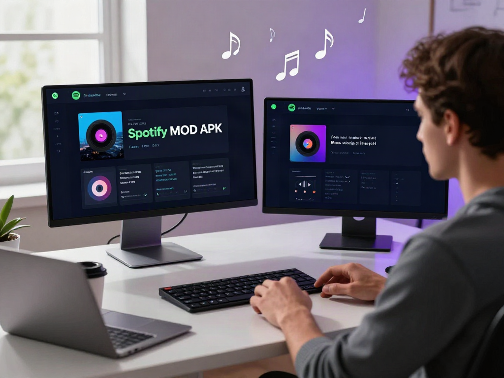 Young professional exploring the new Spotify mod apk on dual monitors in a vibrant workspace.