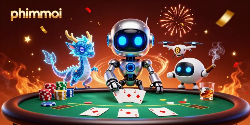 Engage with phimmoi through an exciting casino scene featuring a vibrant cyberpunk robot and poker elements.