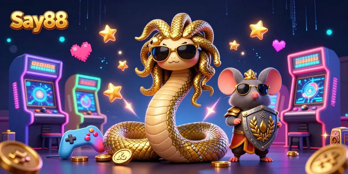 Experience thrilling gameplay at Say88 with Medusa and a warrior mouse surrounded by colorful casino elements.