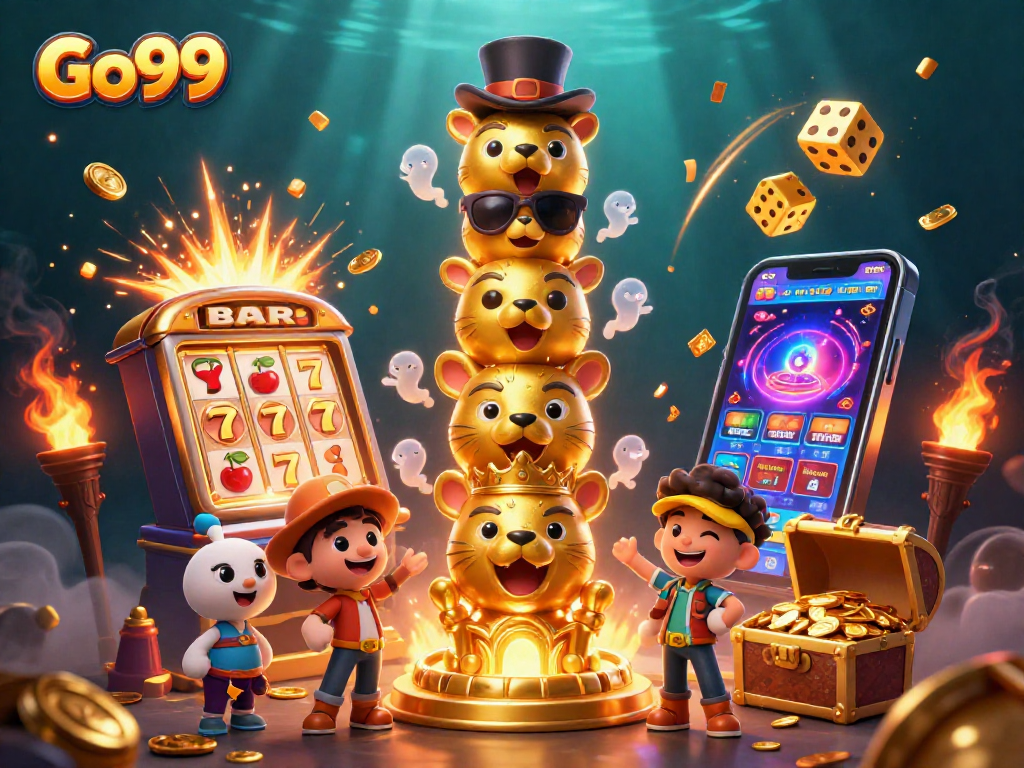 Go99 casino excitement with a vibrant totem pole, bursting slot machine and golden treasures!