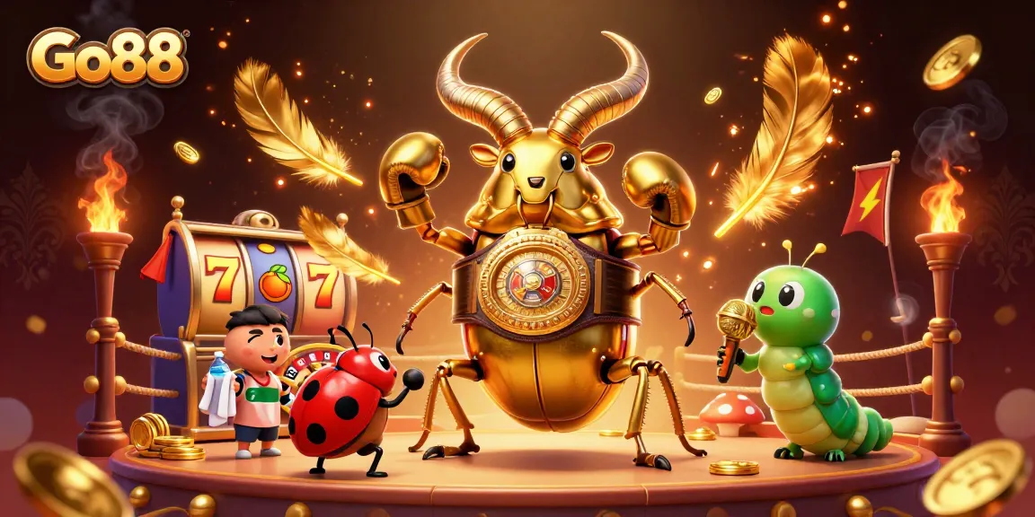 Go88 offers a vibrant casino showdown featuring a golden stag beetle boxing champion amidst slot reels and dynamic betting elements.