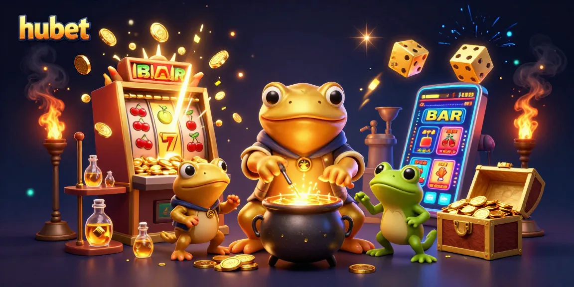 Experience thrilling wins with hubet's exciting gaming scene featuring golden slot machines and vibrant characters.